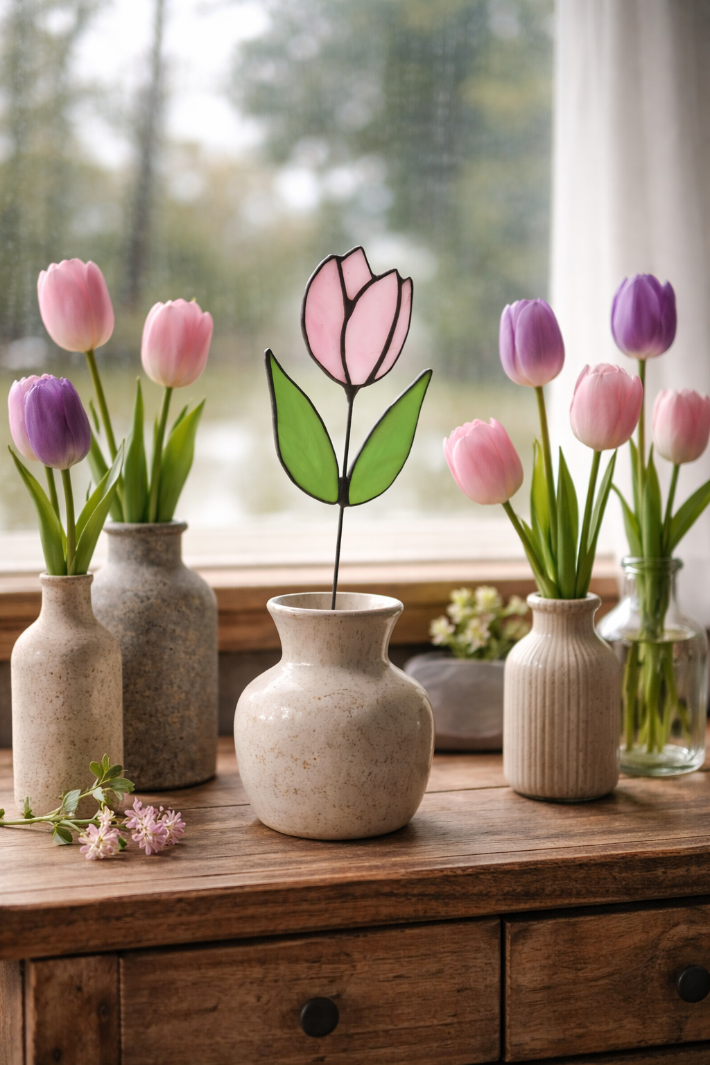 Pink Tulip Glass Flower Stem